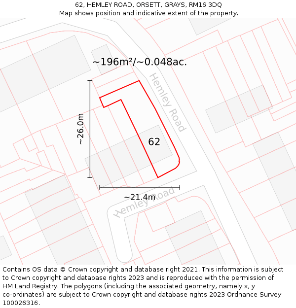 62, HEMLEY ROAD, ORSETT, GRAYS, RM16 3DQ: Plot and title map