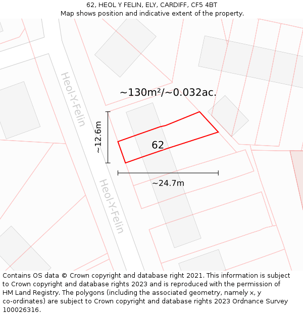 62, HEOL Y FELIN, ELY, CARDIFF, CF5 4BT: Plot and title map