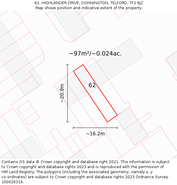 62, HIGHLANDER DRIVE, DONNINGTON, TELFORD, TF2 8JZ: Plot and title map