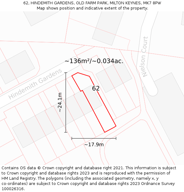 62, HINDEMITH GARDENS, OLD FARM PARK, MILTON KEYNES, MK7 8PW: Plot and title map