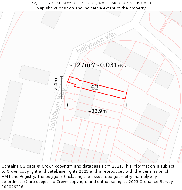 62, HOLLYBUSH WAY, CHESHUNT, WALTHAM CROSS, EN7 6ER: Plot and title map