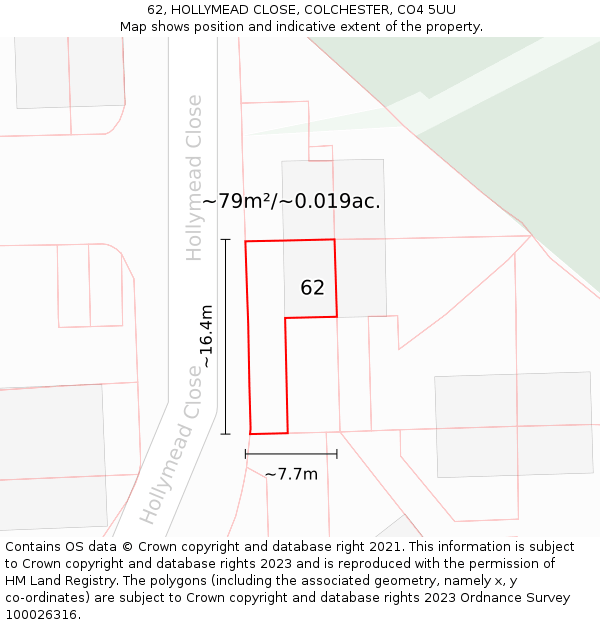 62, HOLLYMEAD CLOSE, COLCHESTER, CO4 5UU: Plot and title map