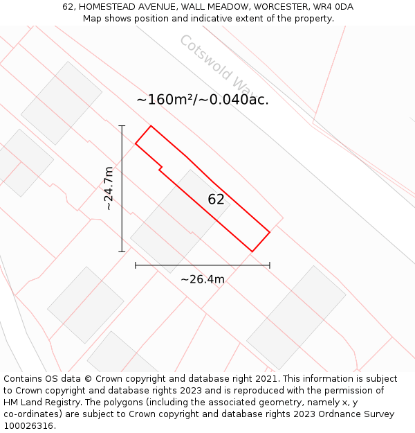 62, HOMESTEAD AVENUE, WALL MEADOW, WORCESTER, WR4 0DA: Plot and title map