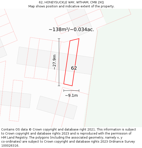 62, HONEYSUCKLE WAY, WITHAM, CM8 2XQ: Plot and title map