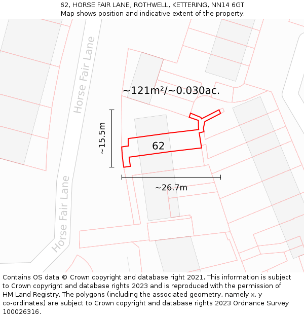 62, HORSE FAIR LANE, ROTHWELL, KETTERING, NN14 6GT: Plot and title map