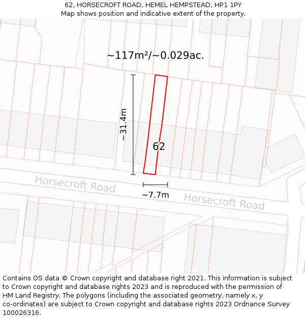 62, HORSECROFT ROAD, HEMEL HEMPSTEAD, HP1 1PY: Plot and title map
