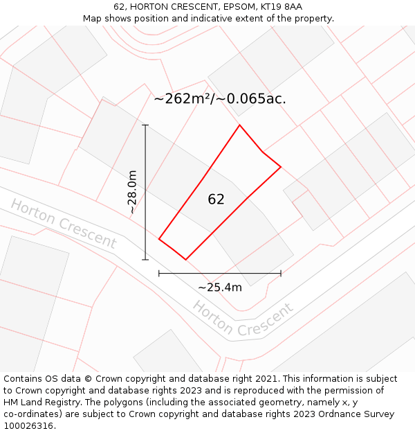62, HORTON CRESCENT, EPSOM, KT19 8AA: Plot and title map