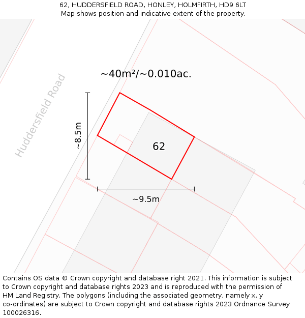 62, HUDDERSFIELD ROAD, HONLEY, HOLMFIRTH, HD9 6LT: Plot and title map