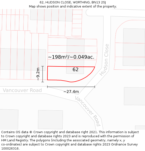 62, HUDSON CLOSE, WORTHING, BN13 2SJ: Plot and title map