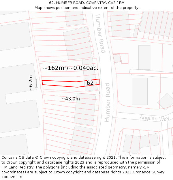 62, HUMBER ROAD, COVENTRY, CV3 1BA: Plot and title map