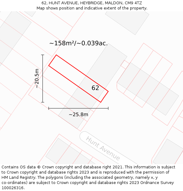 62, HUNT AVENUE, HEYBRIDGE, MALDON, CM9 4TZ: Plot and title map