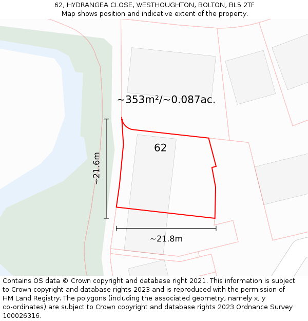62, HYDRANGEA CLOSE, WESTHOUGHTON, BOLTON, BL5 2TF: Plot and title map