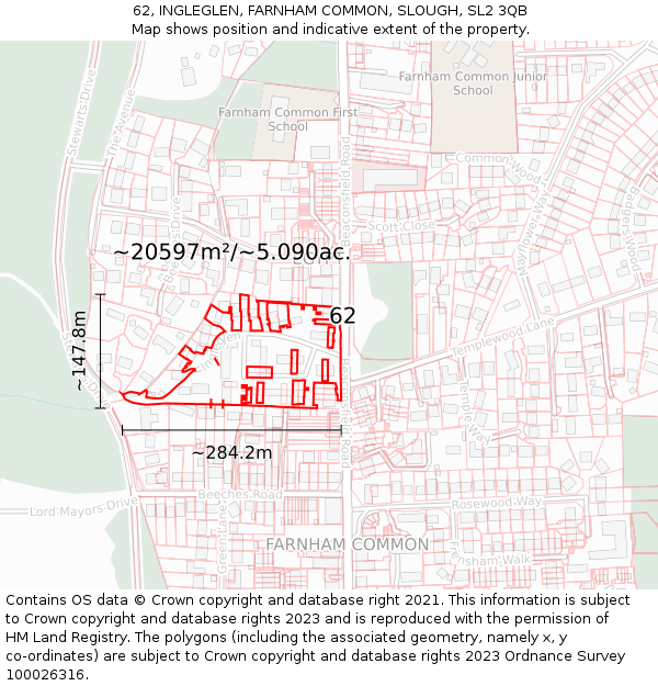 62, INGLEGLEN, FARNHAM COMMON, SLOUGH, SL2 3QB: Plot and title map