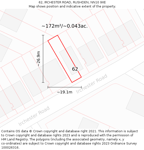 62, IRCHESTER ROAD, RUSHDEN, NN10 9XE: Plot and title map