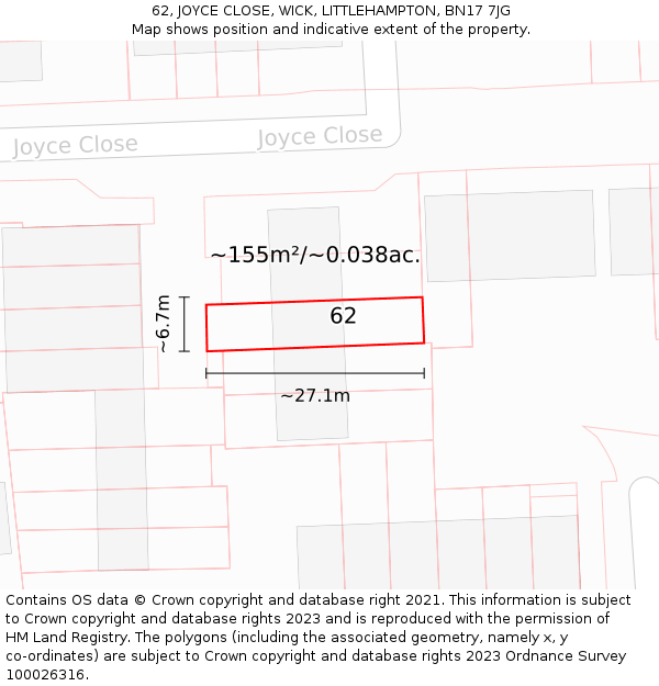 62, JOYCE CLOSE, WICK, LITTLEHAMPTON, BN17 7JG: Plot and title map