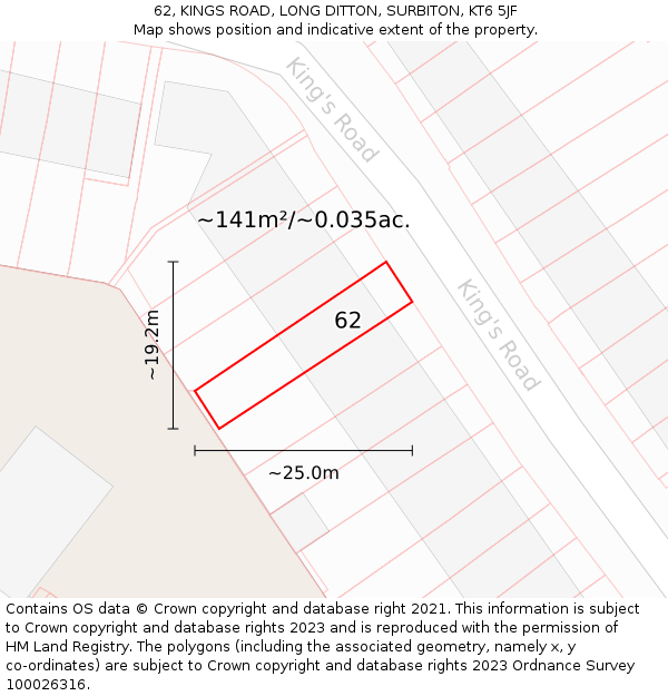 62, KINGS ROAD, LONG DITTON, SURBITON, KT6 5JF: Plot and title map