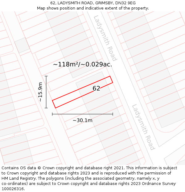 62, LADYSMITH ROAD, GRIMSBY, DN32 9EG: Plot and title map
