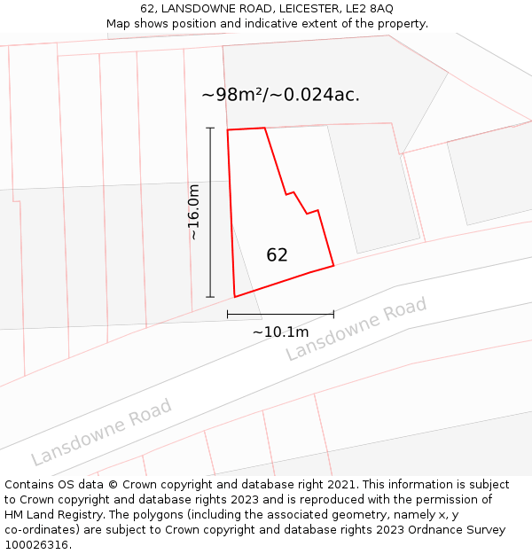 62, LANSDOWNE ROAD, LEICESTER, LE2 8AQ: Plot and title map