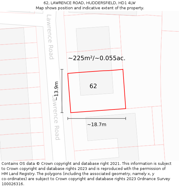 62, LAWRENCE ROAD, HUDDERSFIELD, HD1 4LW: Plot and title map