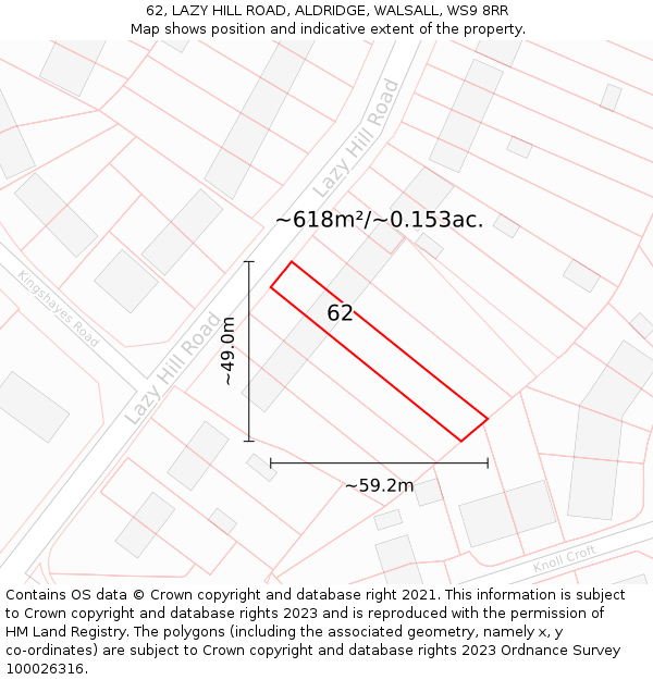 62, LAZY HILL ROAD, ALDRIDGE, WALSALL, WS9 8RR: Plot and title map
