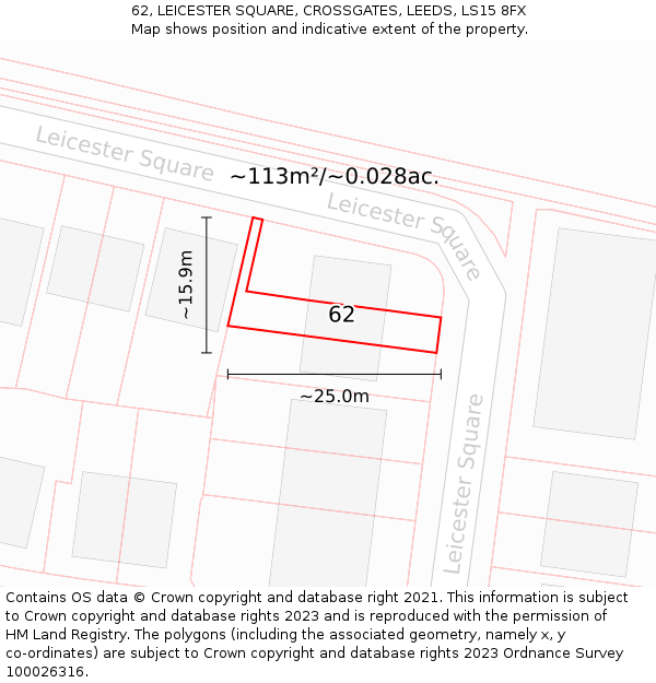 62, LEICESTER SQUARE, CROSSGATES, LEEDS, LS15 8FX: Plot and title map