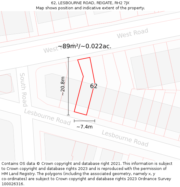 62, LESBOURNE ROAD, REIGATE, RH2 7JX: Plot and title map