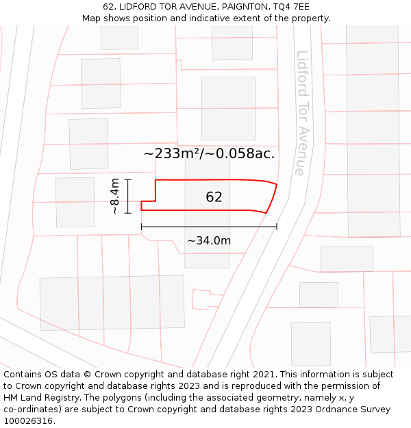 62, LIDFORD TOR AVENUE, PAIGNTON, TQ4 7EE: Plot and title map