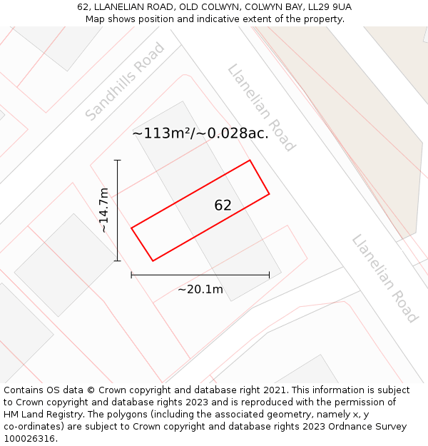 62, LLANELIAN ROAD, OLD COLWYN, COLWYN BAY, LL29 9UA: Plot and title map