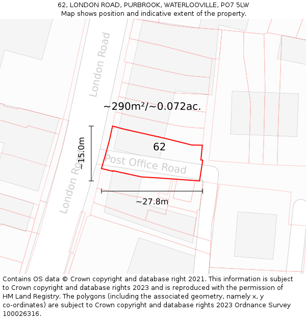 62, LONDON ROAD, PURBROOK, WATERLOOVILLE, PO7 5LW: Plot and title map