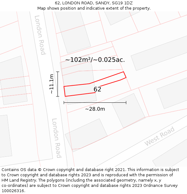 62, LONDON ROAD, SANDY, SG19 1DZ: Plot and title map