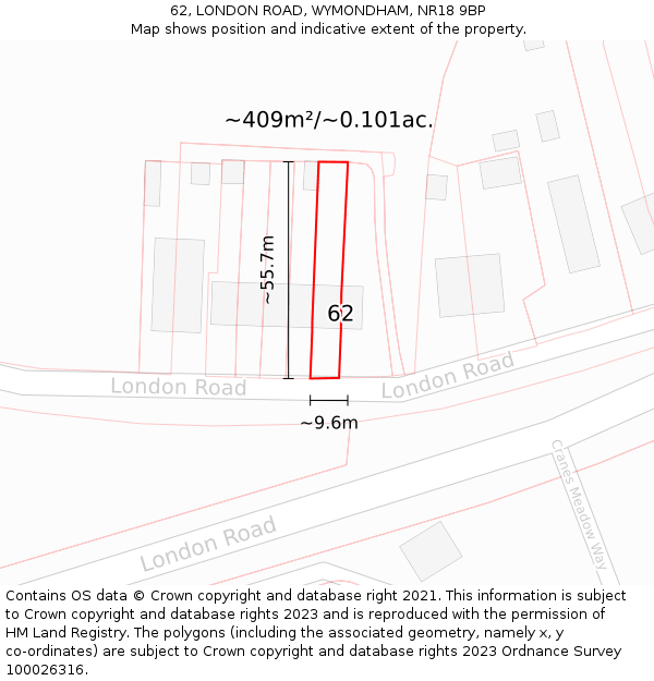 62, LONDON ROAD, WYMONDHAM, NR18 9BP: Plot and title map