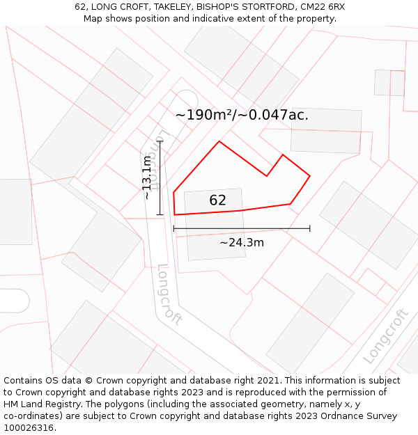 62, LONG CROFT, TAKELEY, BISHOP'S STORTFORD, CM22 6RX: Plot and title map