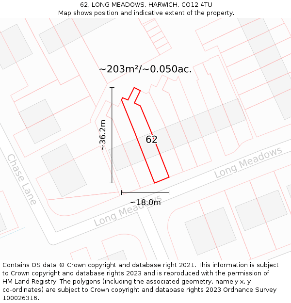 62, LONG MEADOWS, HARWICH, CO12 4TU: Plot and title map
