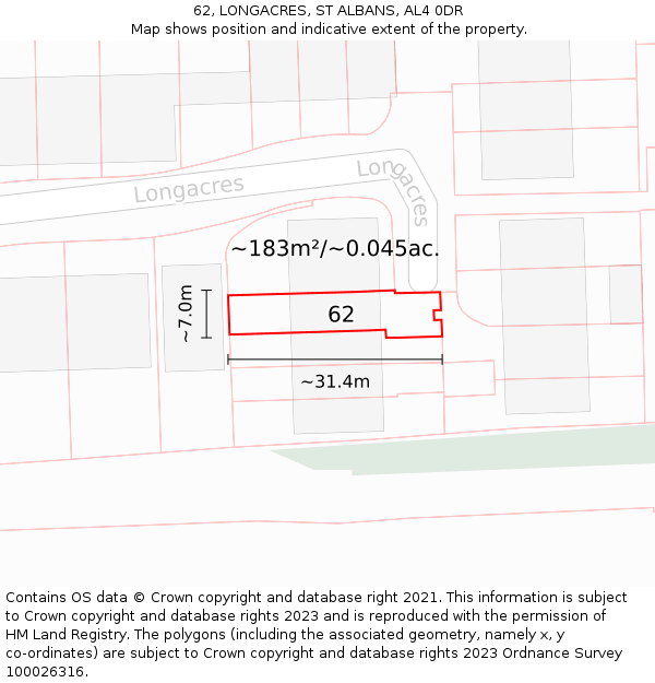 62, LONGACRES, ST ALBANS, AL4 0DR: Plot and title map