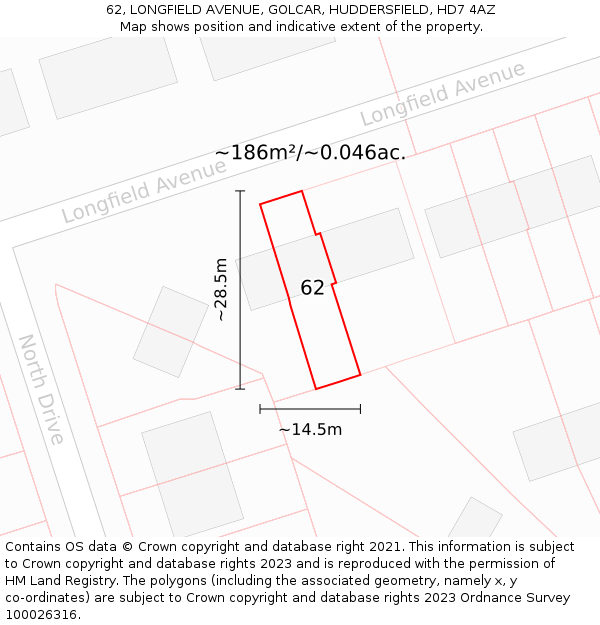 62, LONGFIELD AVENUE, GOLCAR, HUDDERSFIELD, HD7 4AZ: Plot and title map