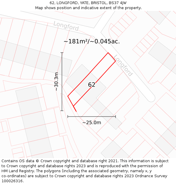 62, LONGFORD, YATE, BRISTOL, BS37 4JW: Plot and title map
