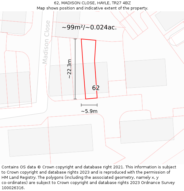 62, MADISON CLOSE, HAYLE, TR27 4BZ: Plot and title map