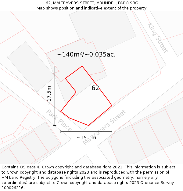 62, MALTRAVERS STREET, ARUNDEL, BN18 9BG: Plot and title map