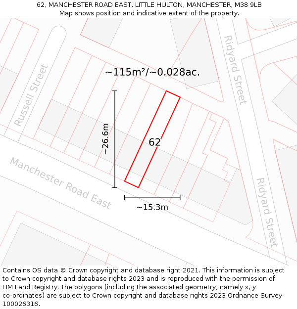 62, MANCHESTER ROAD EAST, LITTLE HULTON, MANCHESTER, M38 9LB: Plot and title map