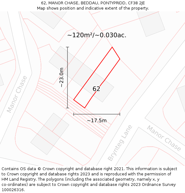 62, MANOR CHASE, BEDDAU, PONTYPRIDD, CF38 2JE: Plot and title map