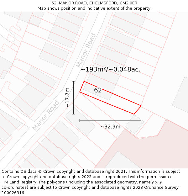 62, MANOR ROAD, CHELMSFORD, CM2 0ER: Plot and title map