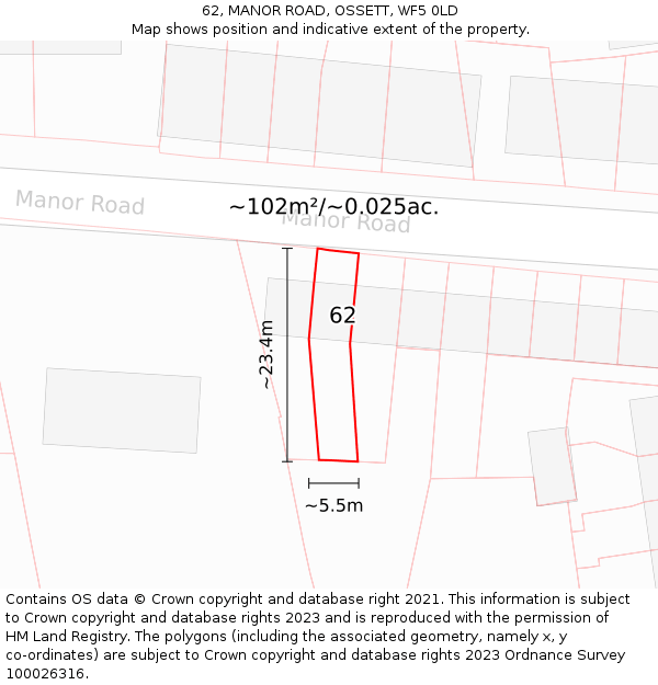 62, MANOR ROAD, OSSETT, WF5 0LD: Plot and title map