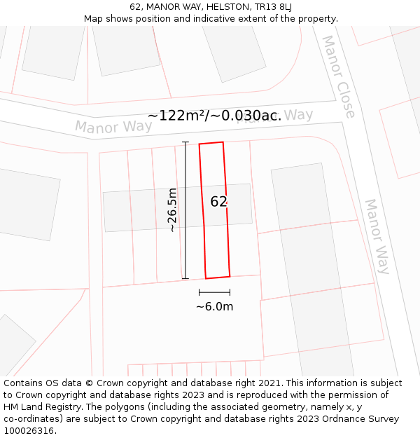 62, MANOR WAY, HELSTON, TR13 8LJ: Plot and title map