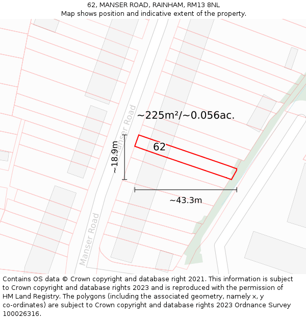 62, MANSER ROAD, RAINHAM, RM13 8NL: Plot and title map