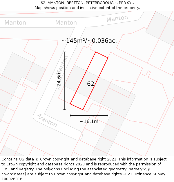 62, MANTON, BRETTON, PETERBOROUGH, PE3 9YU: Plot and title map