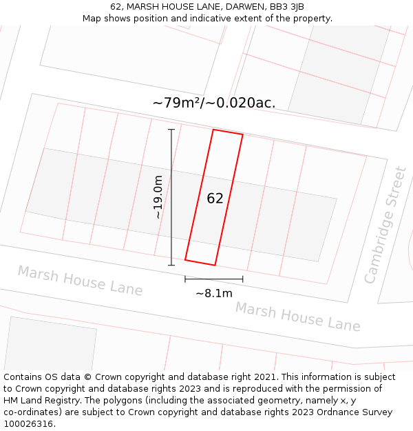 62, MARSH HOUSE LANE, DARWEN, BB3 3JB: Plot and title map