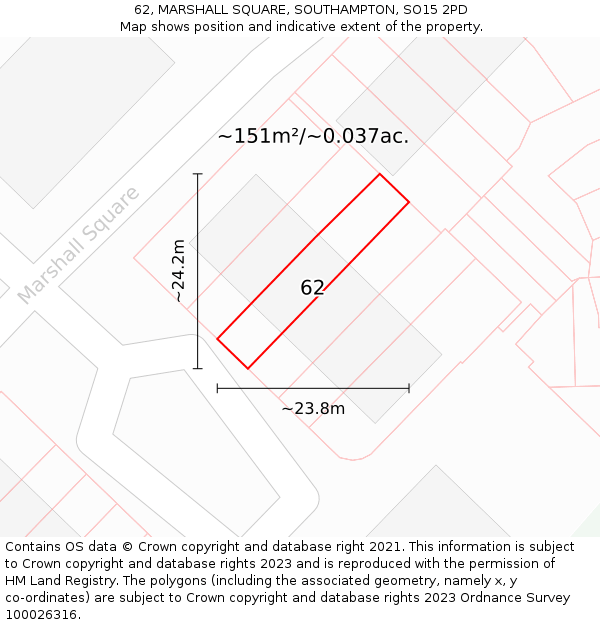 62, MARSHALL SQUARE, SOUTHAMPTON, SO15 2PD: Plot and title map