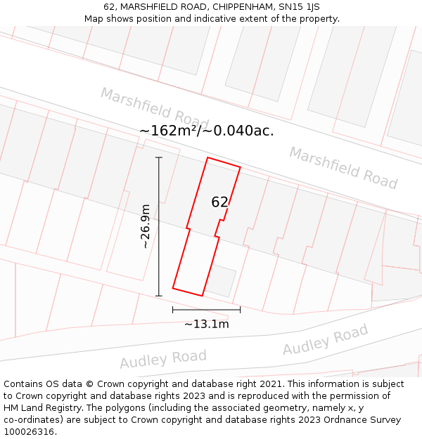 62, MARSHFIELD ROAD, CHIPPENHAM, SN15 1JS: Plot and title map