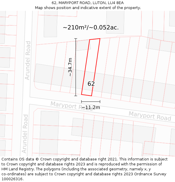 62, MARYPORT ROAD, LUTON, LU4 8EA: Plot and title map