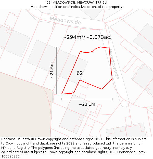 62, MEADOWSIDE, NEWQUAY, TR7 2LJ: Plot and title map